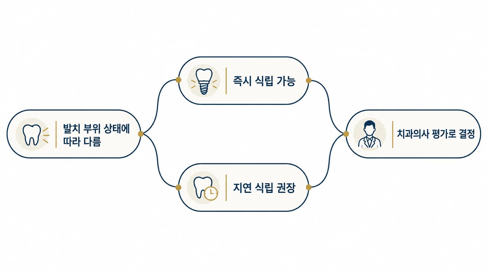 발치 부위 상태에 따라 즉시 식립 또는 지연 식립으로 나뉘고, 치과의사 평가로 결정된다는 분기형 개념도