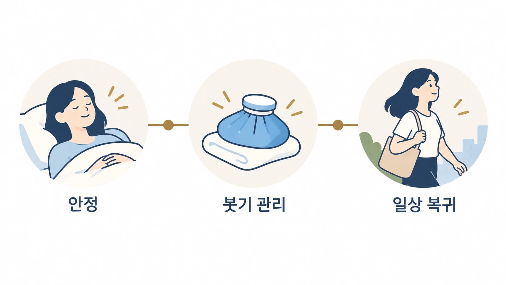 임플란트 수술 후 안정, 붓기 관리, 일상 복귀로 이어지는 회복 단계를 간단히 보여주는 타임라인