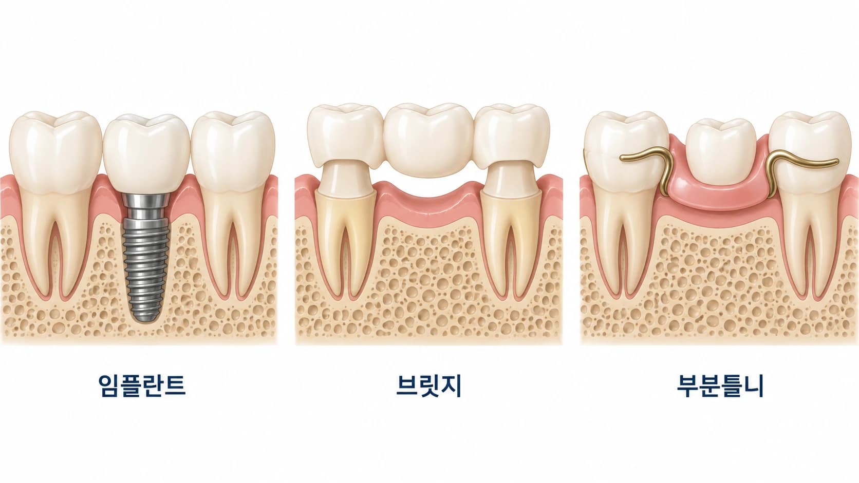 임플란트, 브릿지, 부분틀니 세 가지 치아 수복 방법의 구조적 차이를 보여주는 비교 개념도