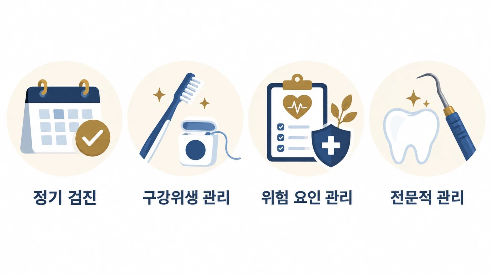 임플란트 유지 관리의 네 가지 핵심 요소(정기 검진, 구강위생 관리, 위험 요인 관리, 전문적 관리)를 보여주는 아이콘 요약도