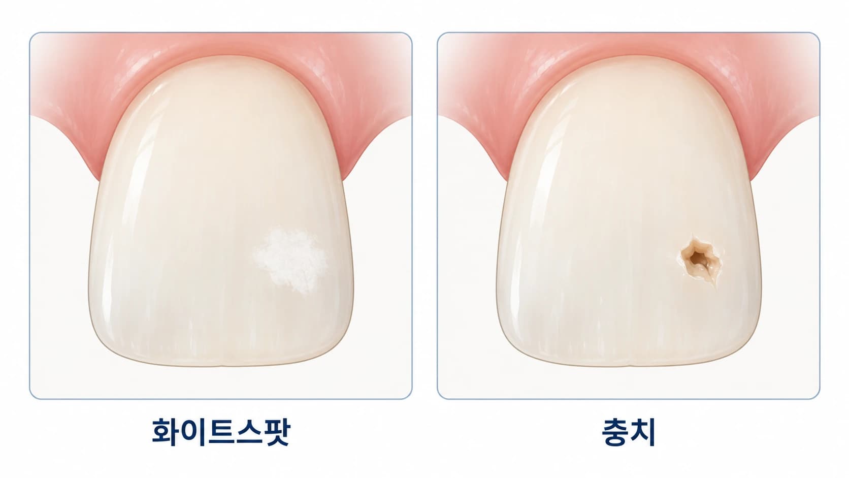 초기 화이트스팟 병소와 구멍이 생긴 충치를 단순화해 비교한 치아 개념도