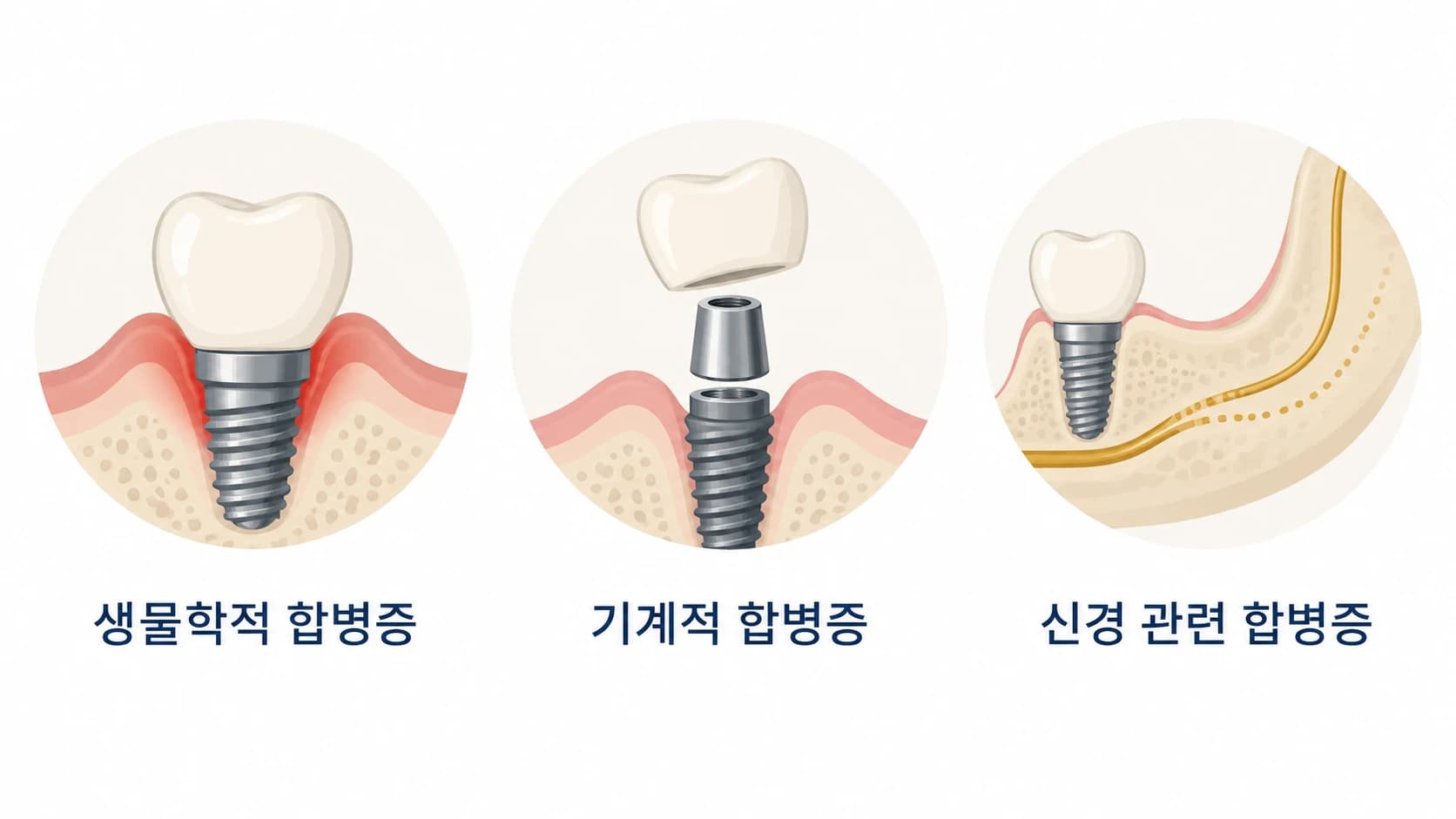 임플란트 합병증을 생물학적, 기계적, 신경 관련 세 범주로 나누어 보여주는 아이콘 요약도